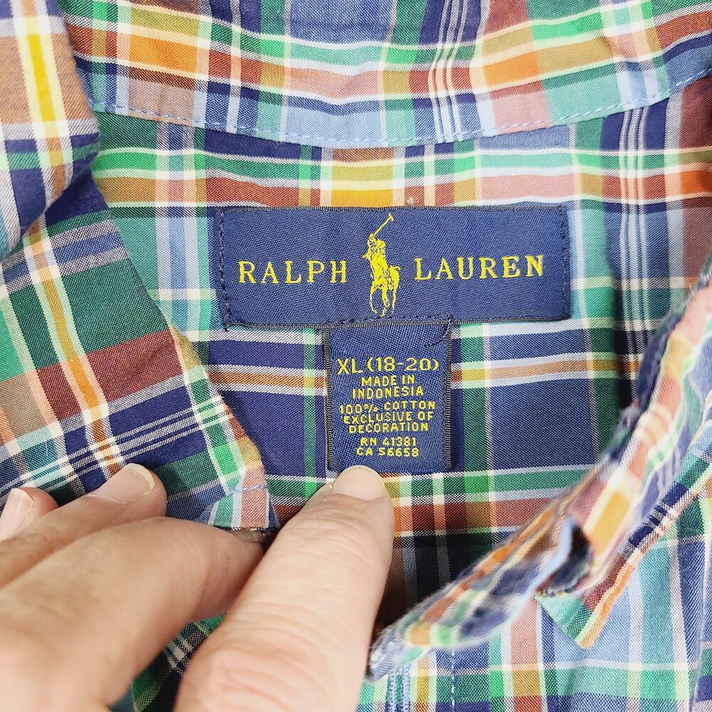 Ralph Lauren Boys Plaid Long Sleeve Button Down Preppy Classic Blue Orange XL - Picture 3 of 8